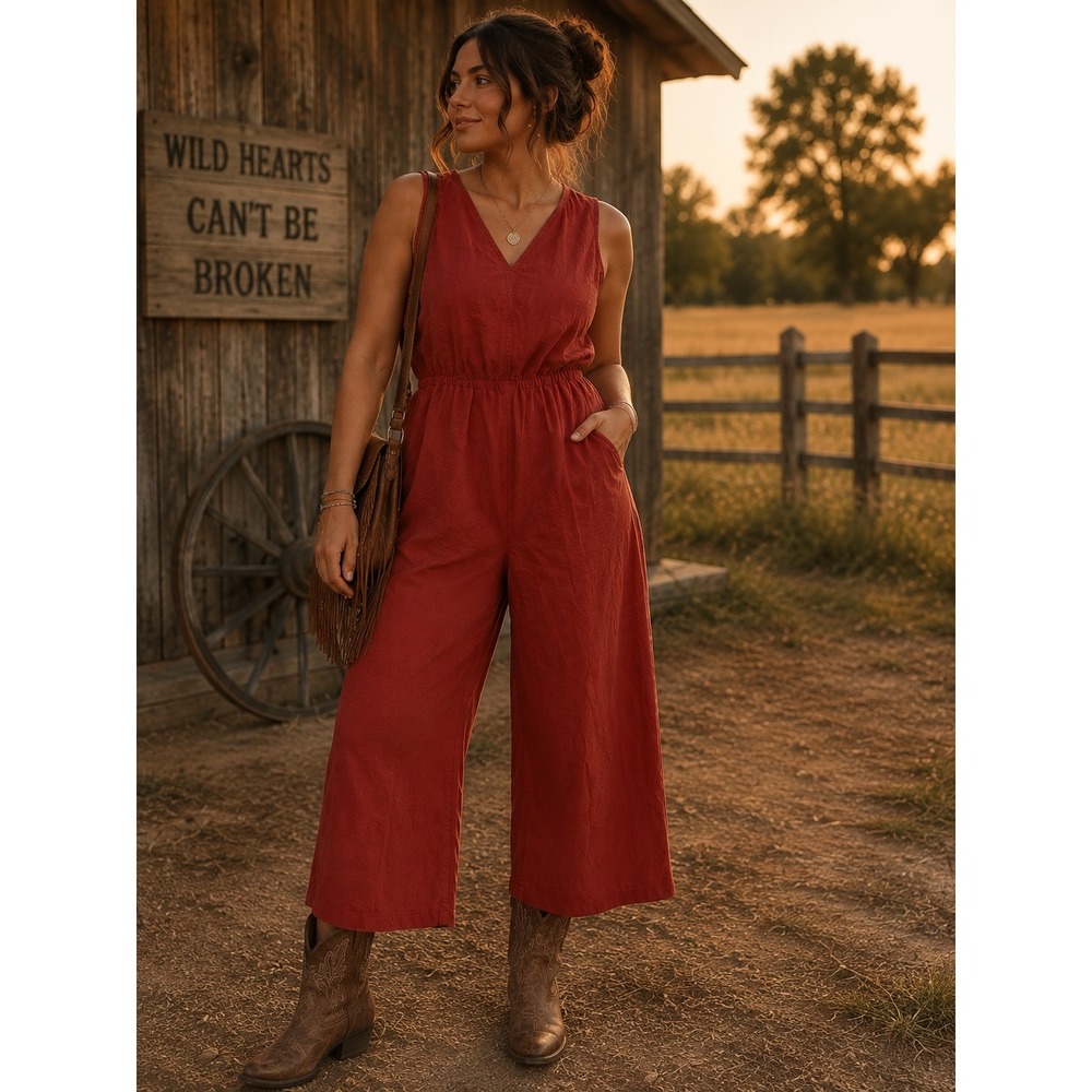 Old Navy Womens Sleeveless Wide Leg Jumpsuit XL Rust Red V-Neck Keyhole Back